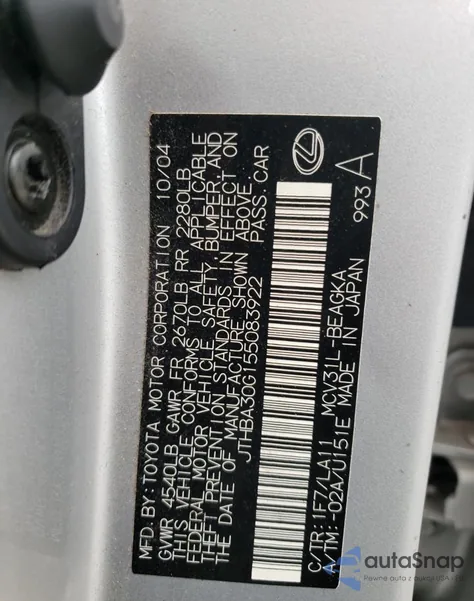 2005 Lexus Es 330 из США, поврежденный, VIN JTHBA30G155083922